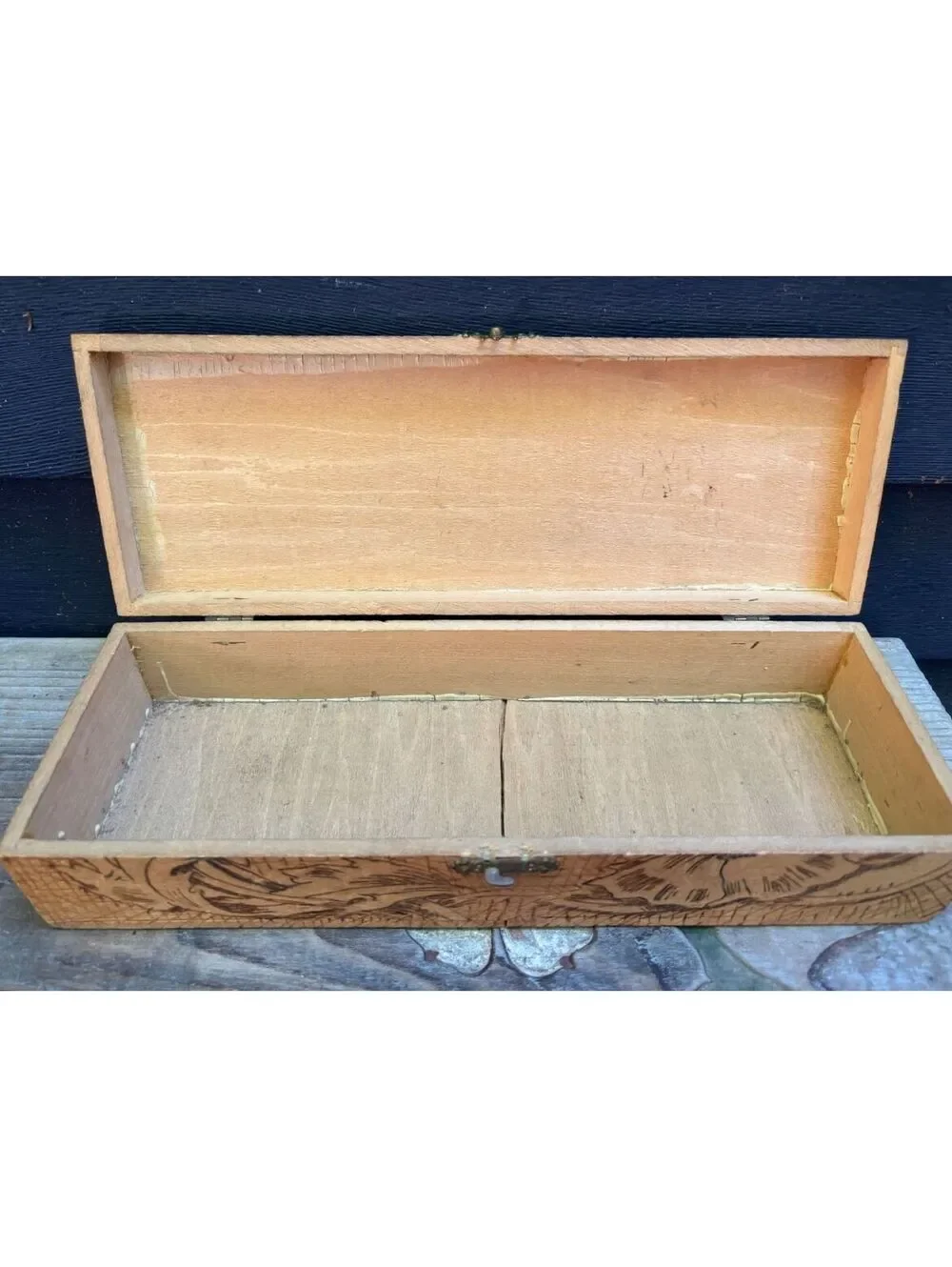 Antique Flemish Art Co. Pyrography Wood Box, Rose Floral Design, NY c1900s